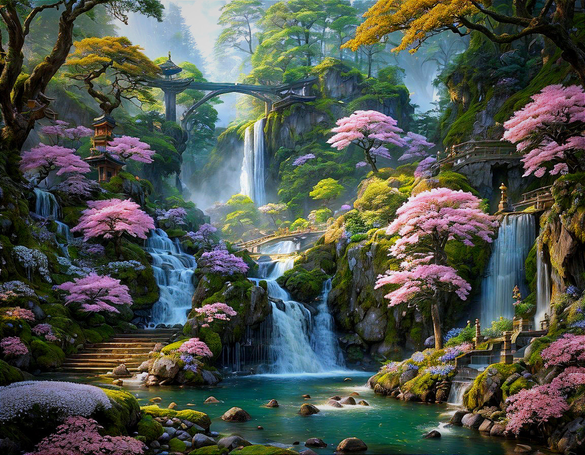 Cascading Waterfalls in a Serene Landscape