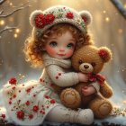 Charming Doll in Snowy Forest with Teddy Bear