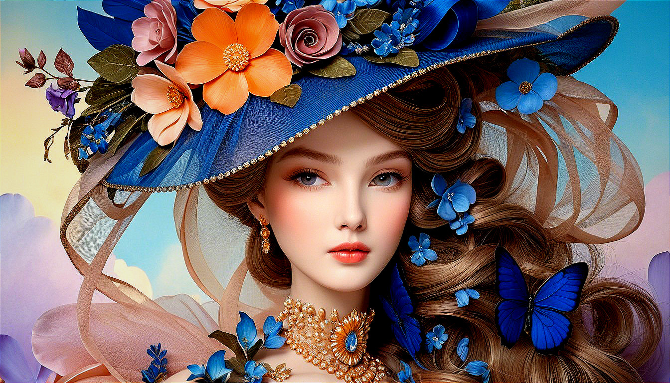 Woman in Floral Hat with Vibrant Flowers and Butterflies