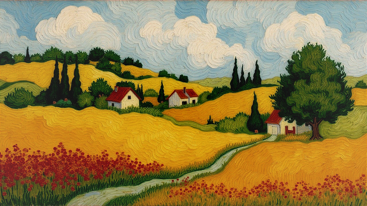 Vibrant Countryside Scene with Rolling Hills and Houses