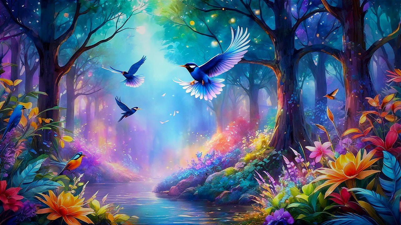 Vibrant Forest Scene with Colorful Birds and River
