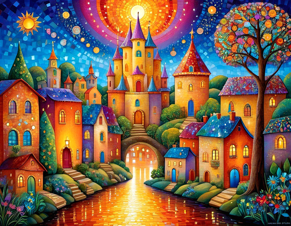 Whimsical Landscape with Castles and Colorful Houses