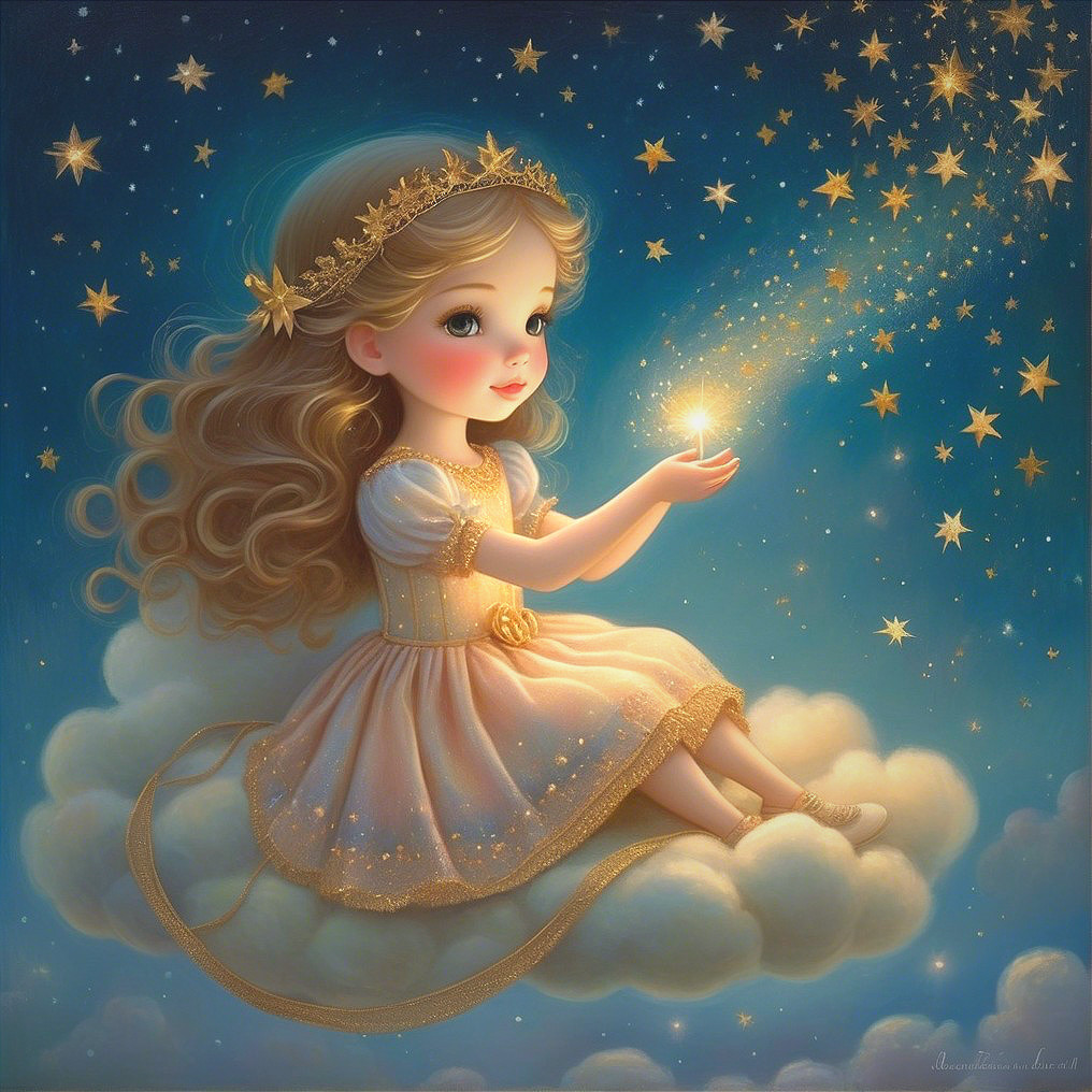 Young girl on cloud in starry night scene