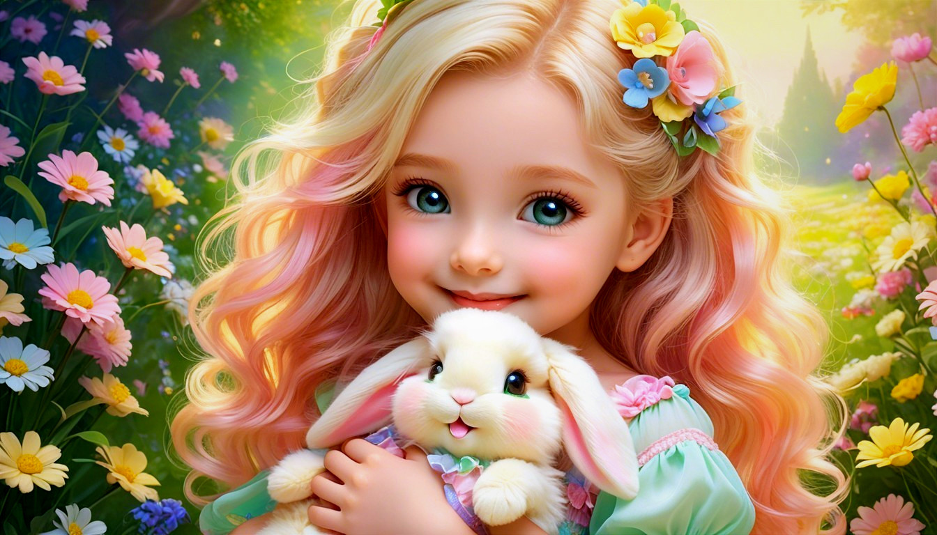 Whimsical Garden Scene with Girl and Bunny