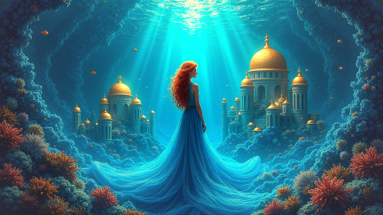 Underwater Scene with Figure and Majestic City