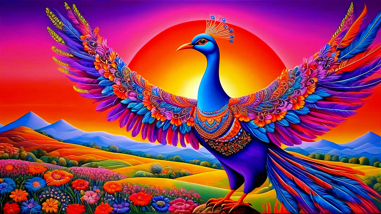 Colorful Peacock Displaying Plumage at Sunset