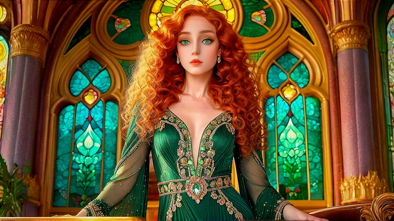 Vibrant Red-Haired Figure in Elegant Green Gown