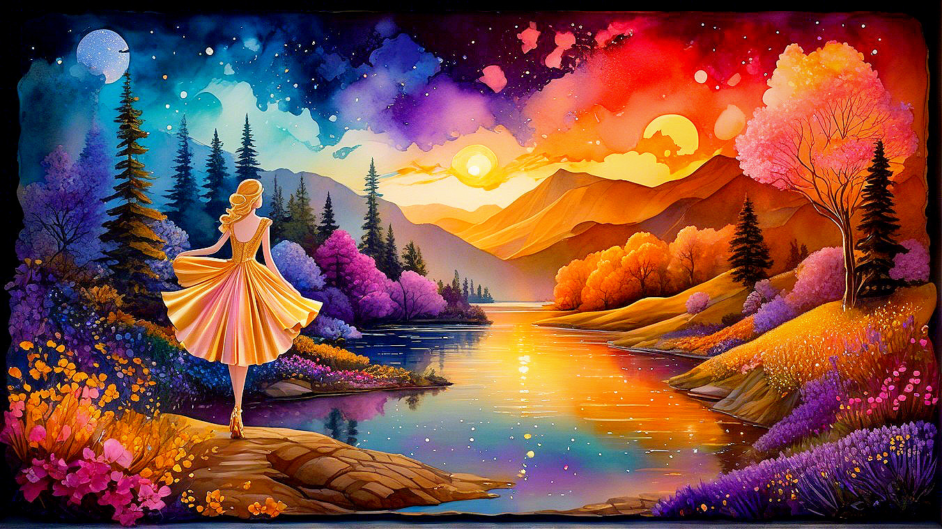 Vibrant Landscape with Serene River and Sunset Colors