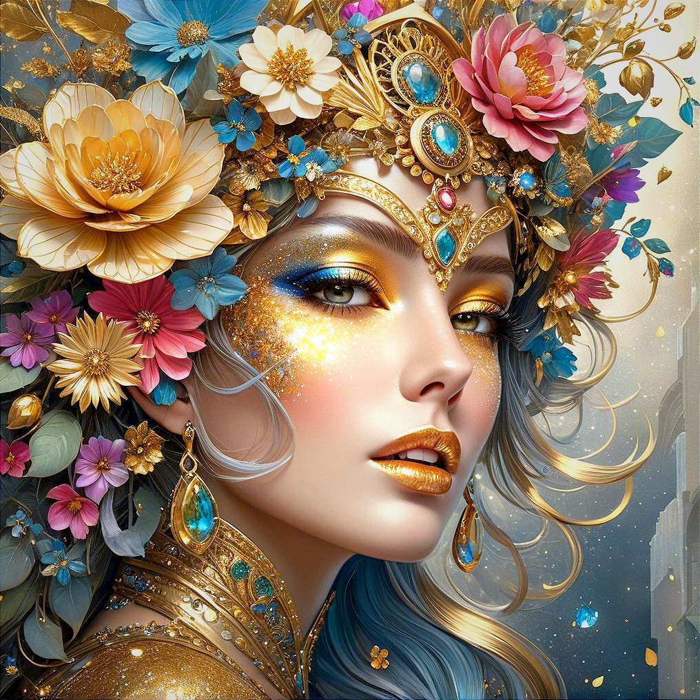 Woman with Floral Crown and Ethereal Background