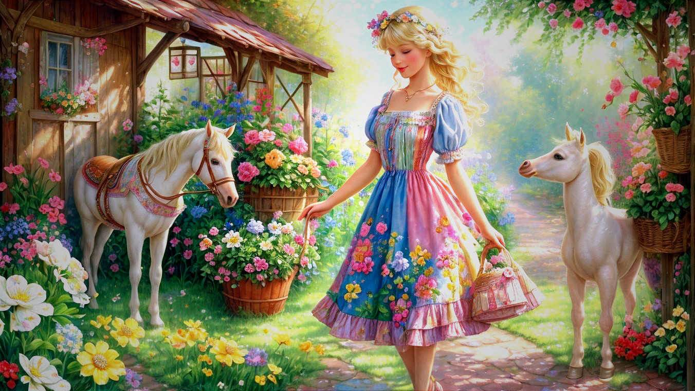 Colorful Garden Scene with Woman and Ponies