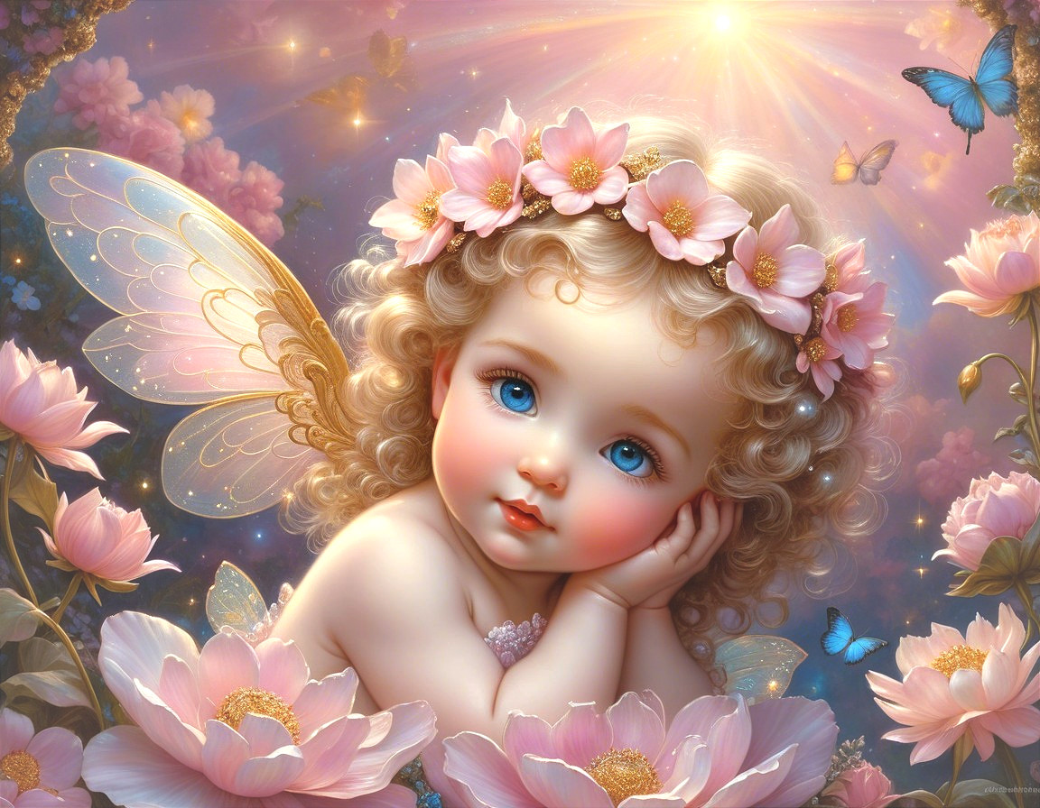 Enchanting Scene of a Baby with Flower Crown and Wings