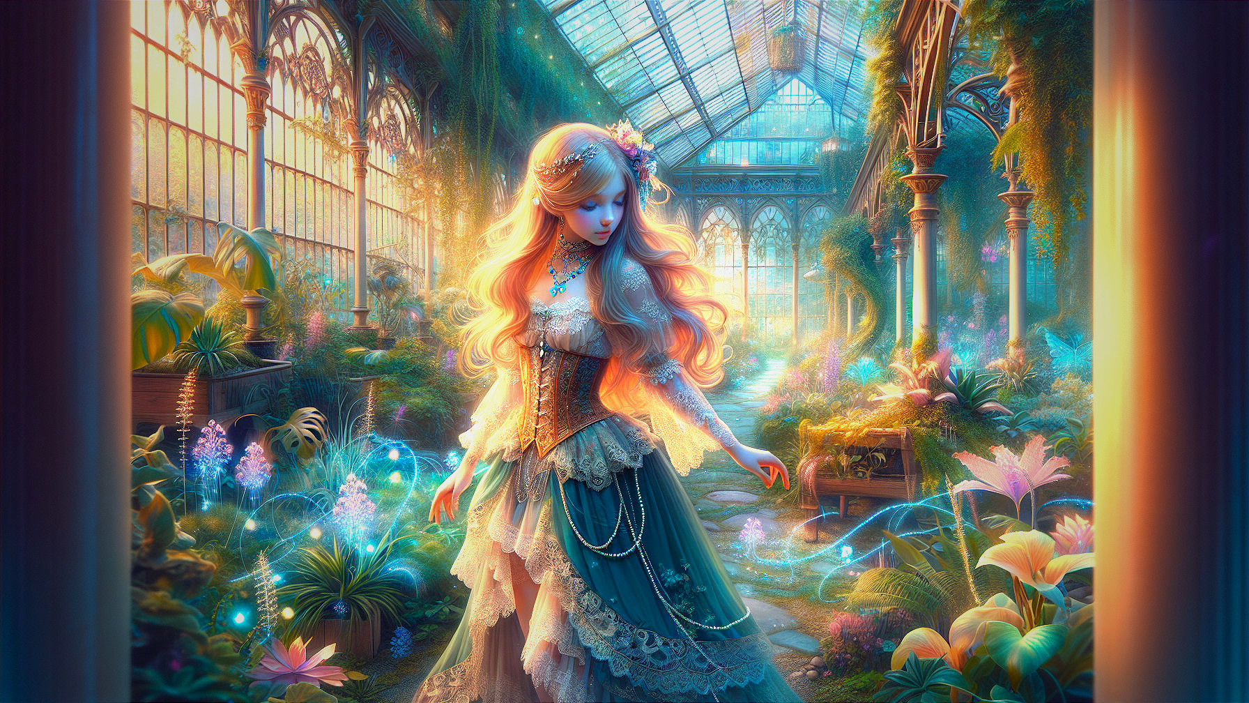 Magical greenhouse with vibrant flowers and ethereal light