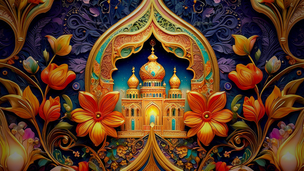 Ornate palace surrounded by vibrant floral designs