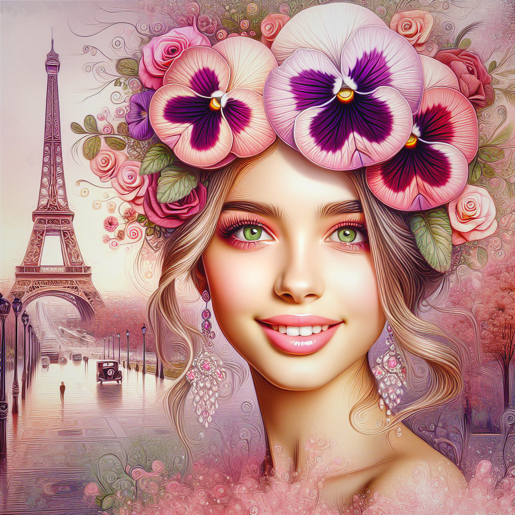 Portrait of a Young Woman with Flower Crown and Eiffel Tower