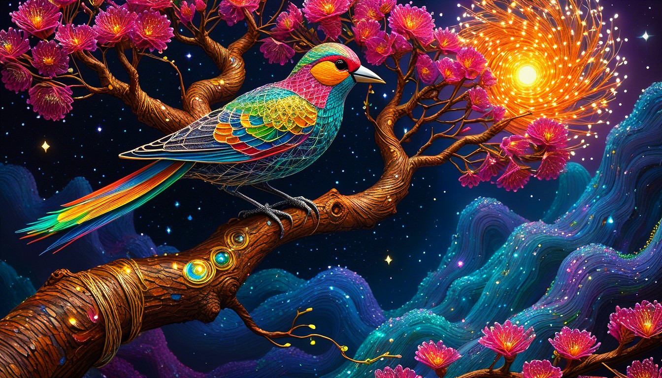 Vibrant Multicolored Bird Amidst Blossoms and Mountains