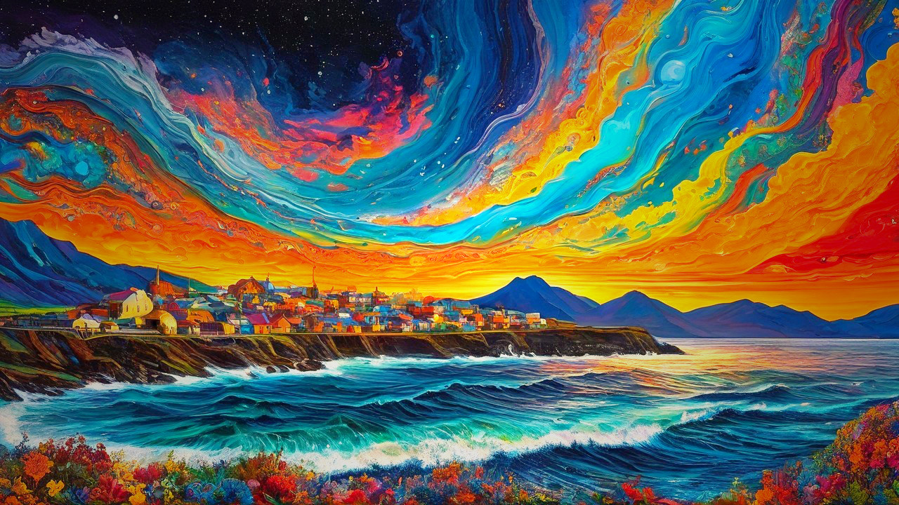 Vibrant Seascape with Colorful Sunset Over Coastal Town