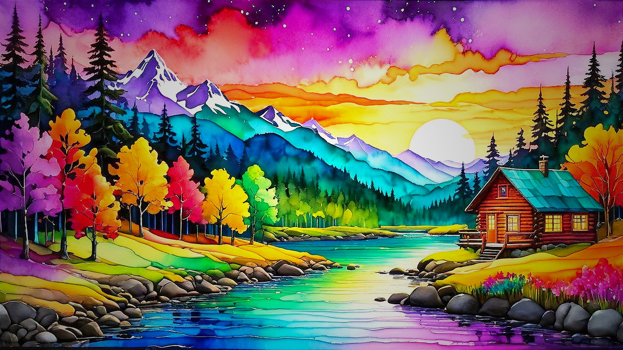 Vibrant Landscape with River, Cabin, and Mountains