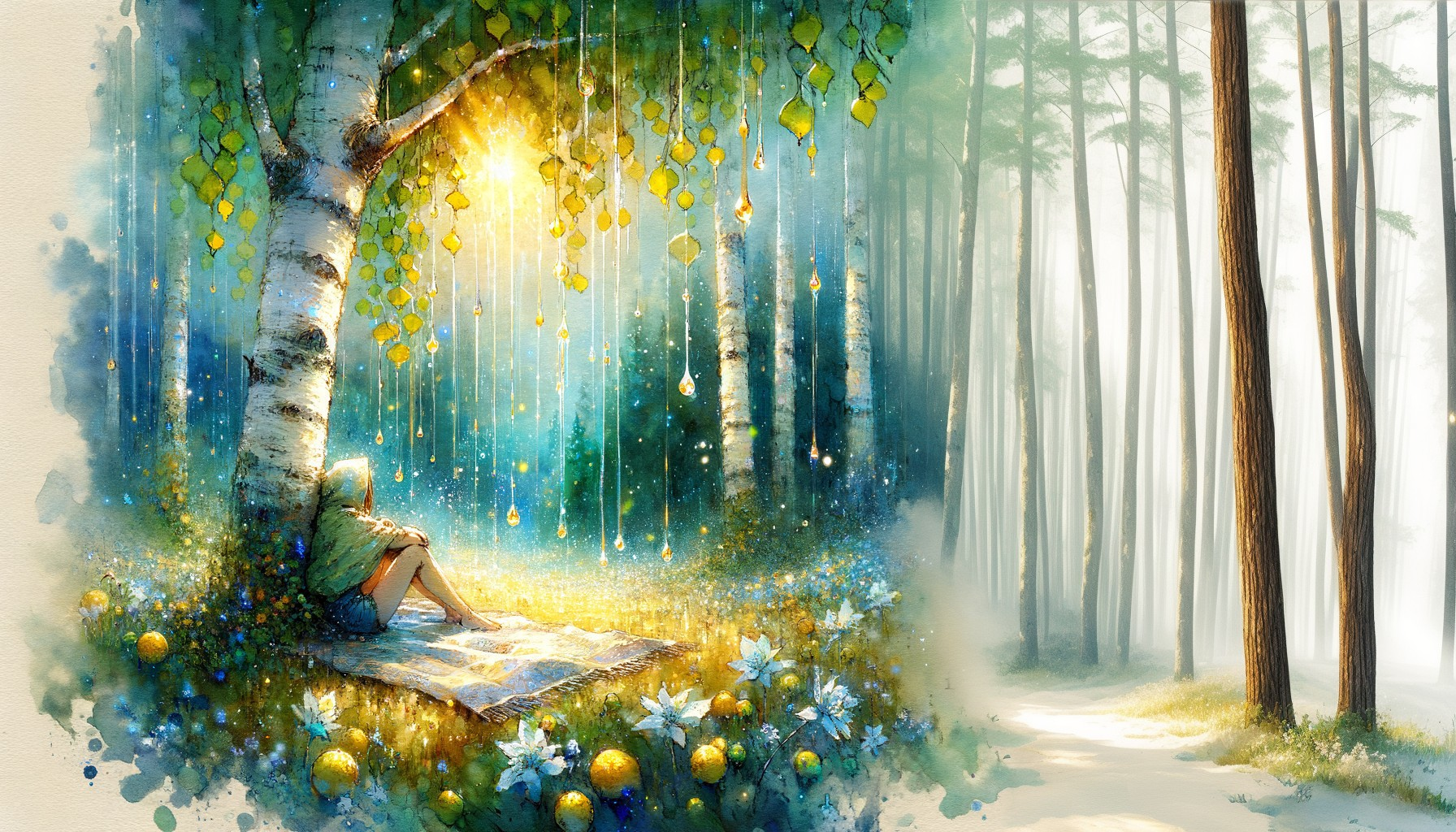 Person resting under a birch tree in vibrant foliage