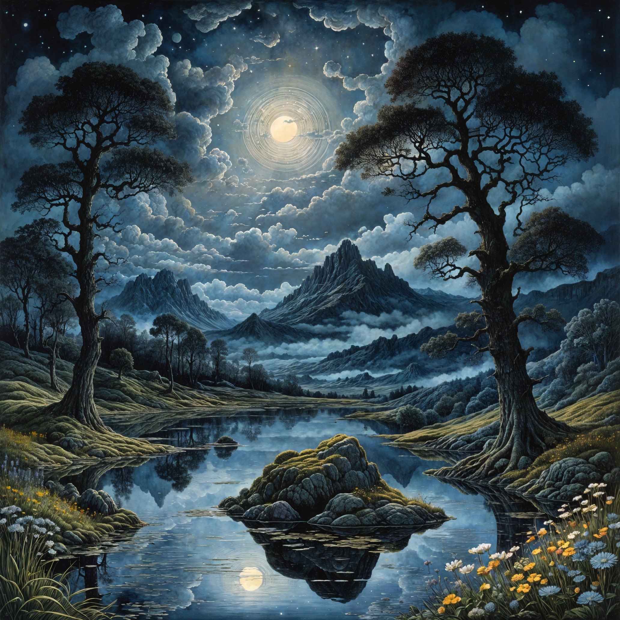 Tranquil Night Scene with Moonlit Landscape and Lake