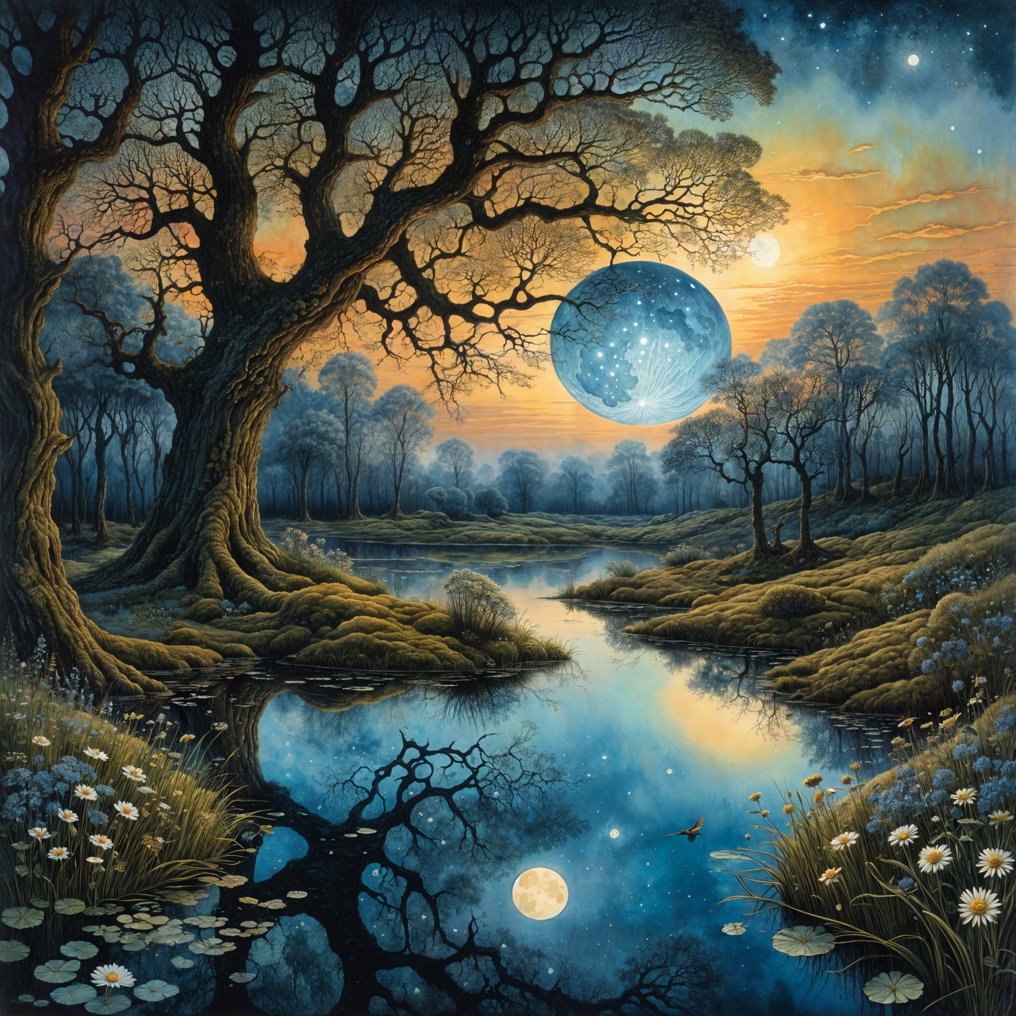 Fantastical Landscape with Moons and Gnarled Tree