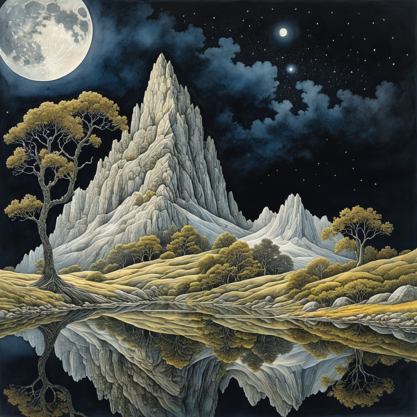 Serene Night Landscape with Mountain and Moonlight
