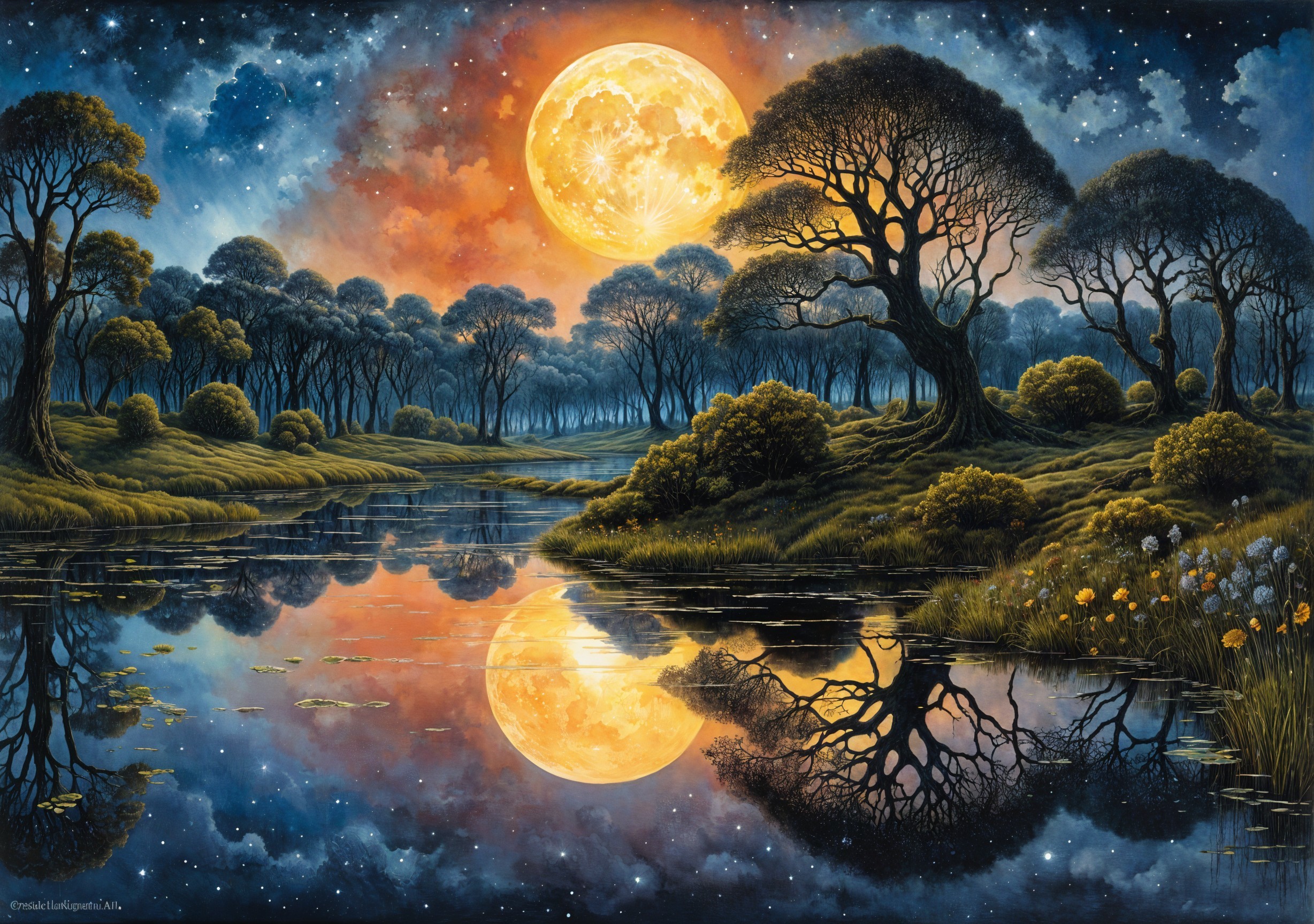 Twilight Landscape with Full Moon and Tranquil River