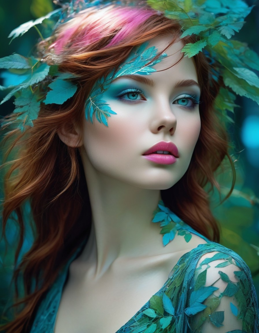 Young woman with red hair and nature-inspired makeup