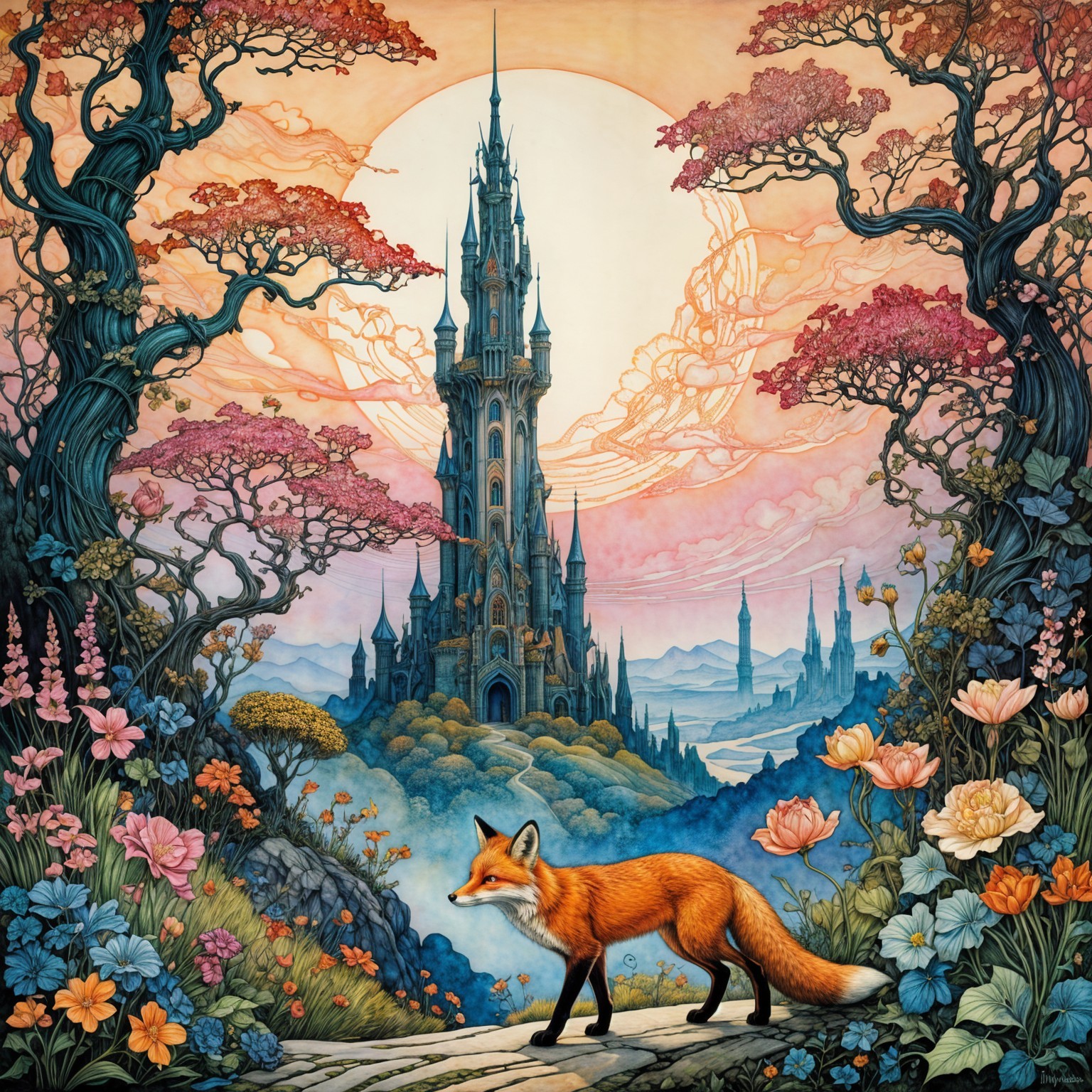 Fantasy Landscape with Fox and Majestic Castle