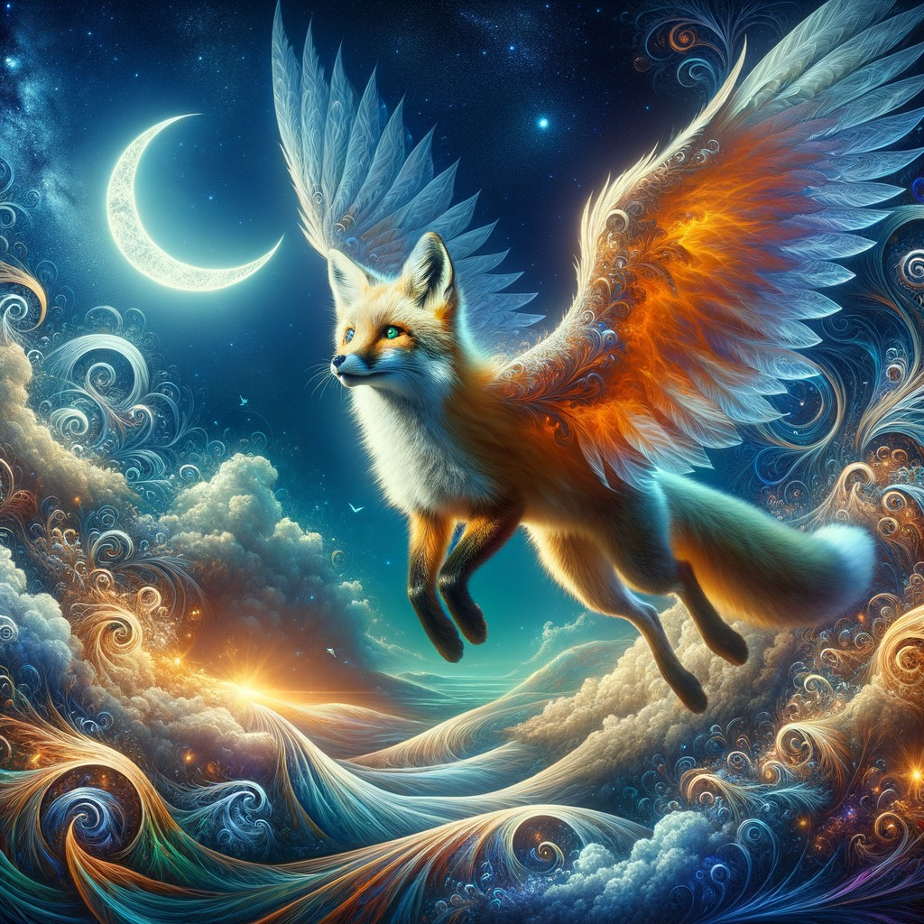 Winged fox soaring in vibrant fantasy sky with moon and stars