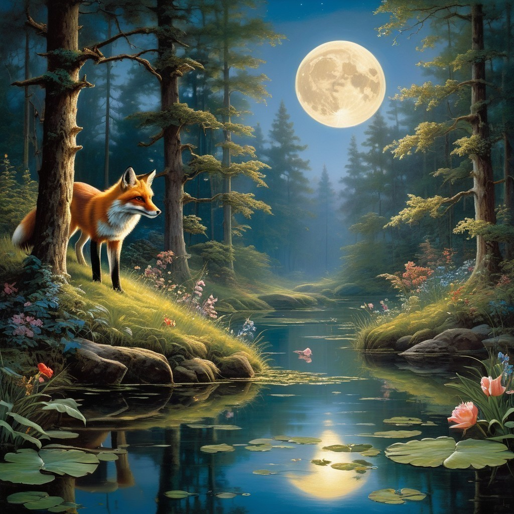 Serene Night Forest with Moonlit Pond and Fox