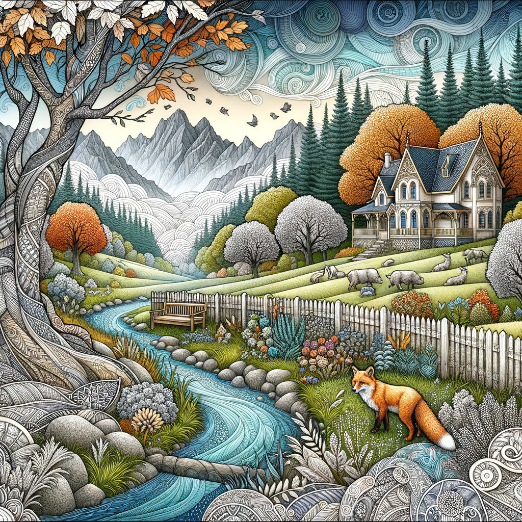 Whimsical Autumn Landscape with Charming House and Fox