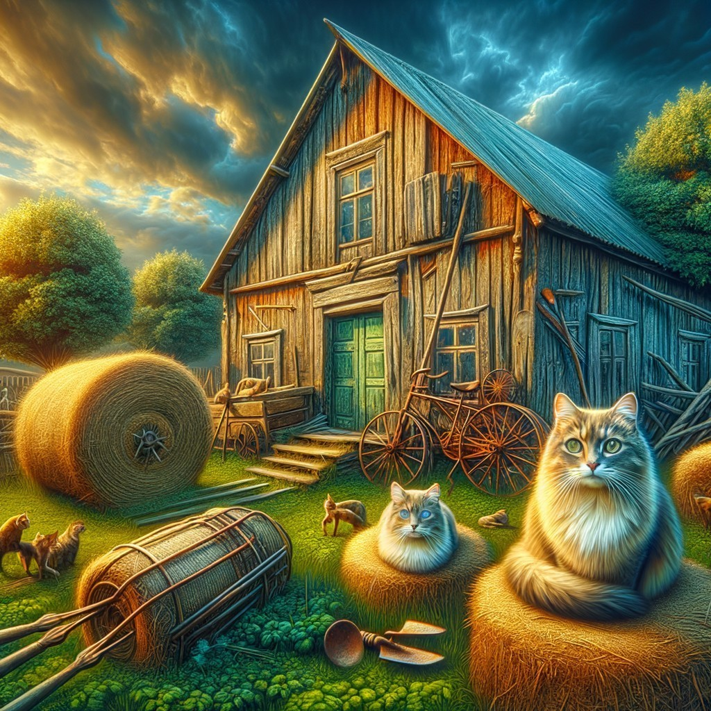 Rustic farmhouse scene with cats and farming tools