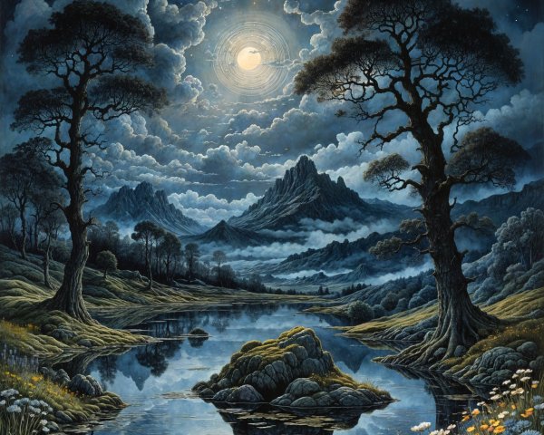Tranquil Night Scene with Moonlit Landscape and Lake