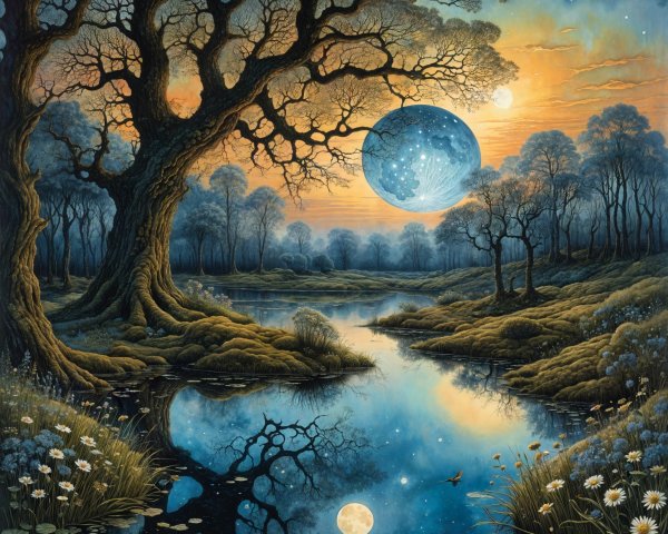 Fantastical Landscape with Moons and Gnarled Tree