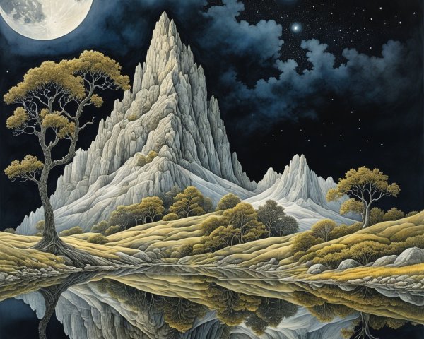 Serene Night Landscape with Mountain and Moonlight