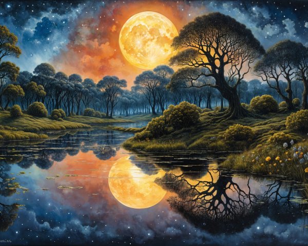 Twilight Landscape with Full Moon and Tranquil River