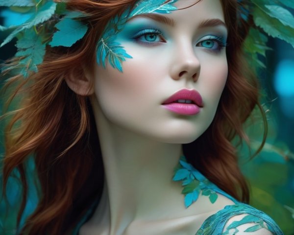 Young woman with red hair and nature-inspired makeup