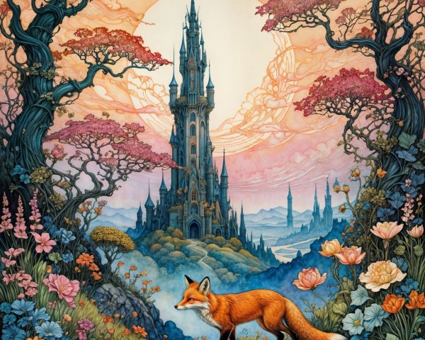 Fantasy Landscape with Fox and Majestic Castle