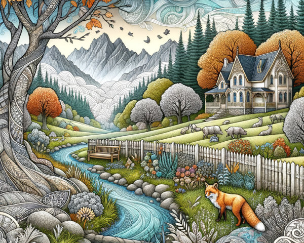Whimsical Autumn Landscape with Charming House and Fox