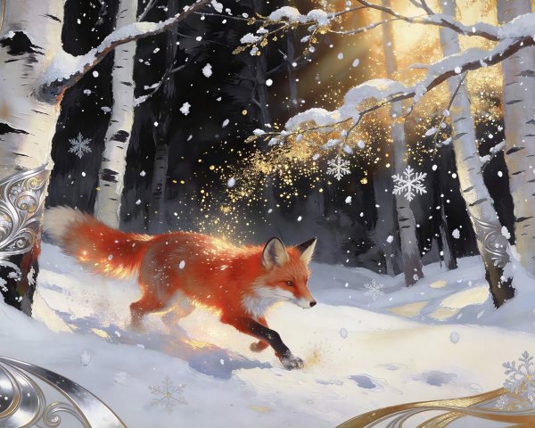 Vibrant Fox Running in Snowy Forest with Birch Trees