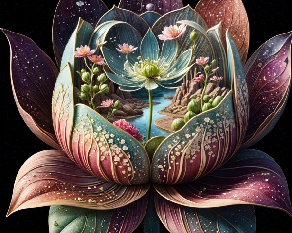 Vibrant Multi-Layered Lotus Flower with Ethereal Landscape
