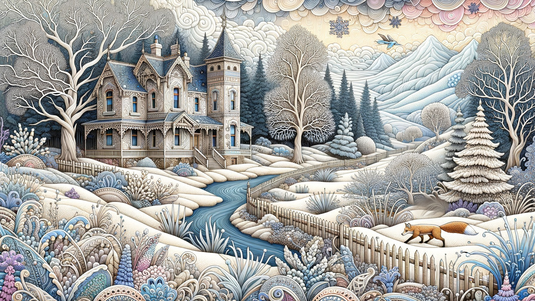 Whimsical Winter Landscape with Victorian House and Fox