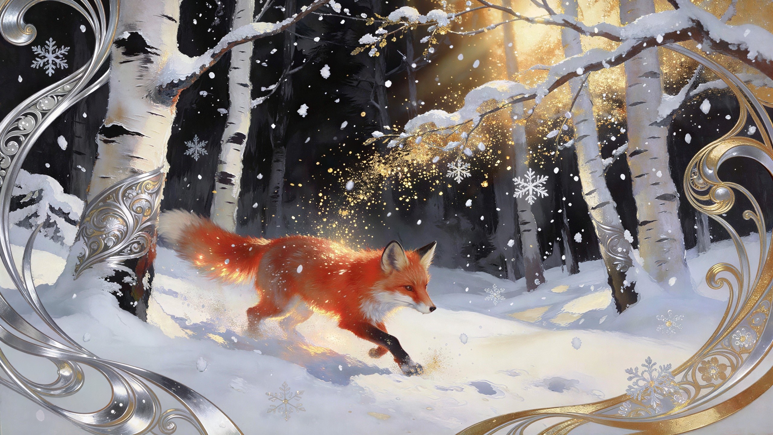 Vibrant Fox Running in Snowy Forest with Birch Trees
