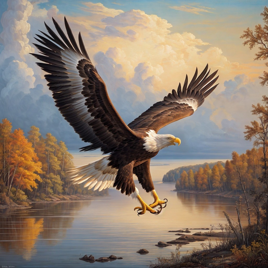 Eagle Soaring Over Autumn Landscape at Sunset