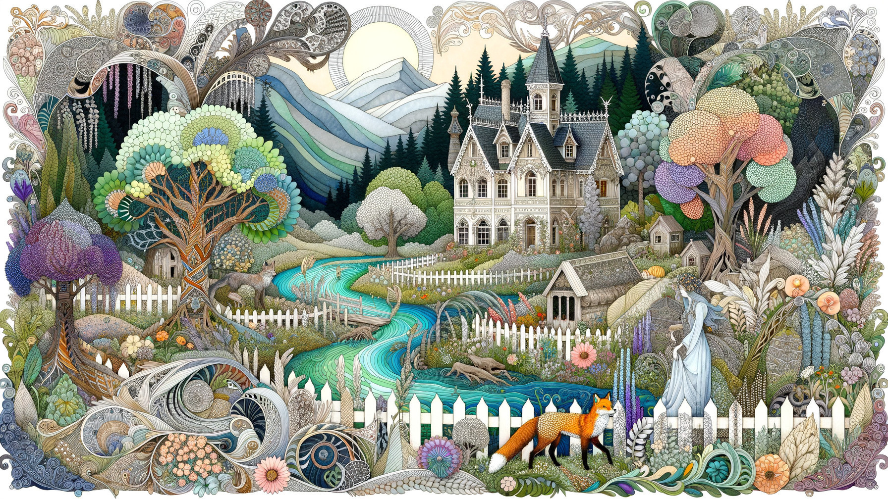 Victorian House in a Whimsical Landscape with River
