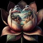 Vibrant Multi-Layered Lotus Flower with Ethereal Landscape
