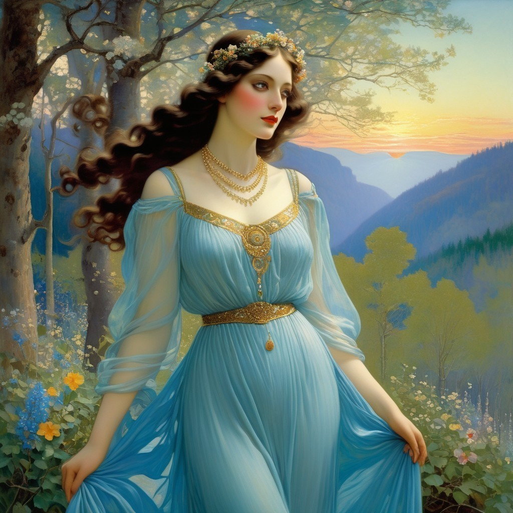 Serene Woman in Flowing Gown at Sunset Landscape