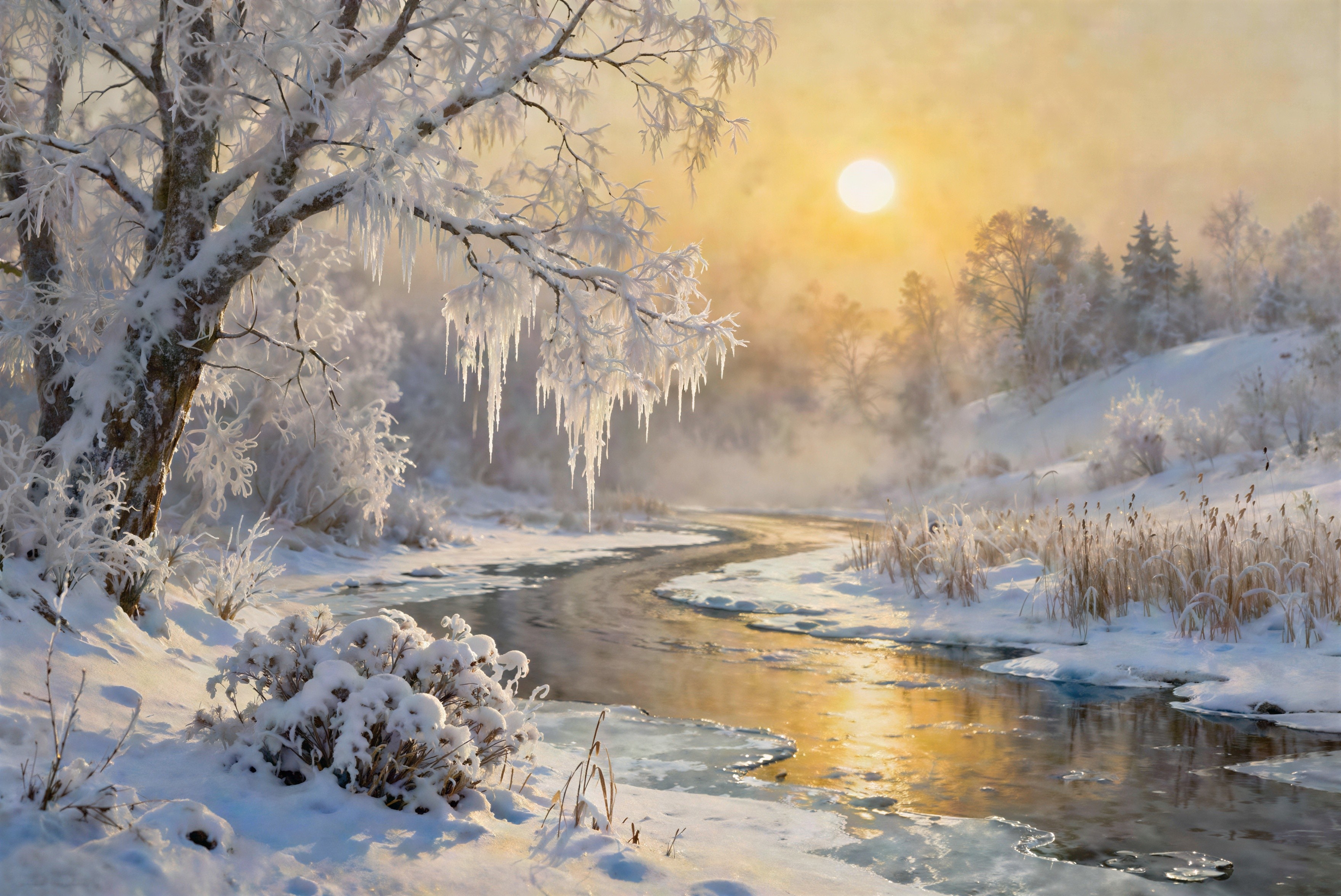 Winter Landscape with Frozen River and Snowy Trees