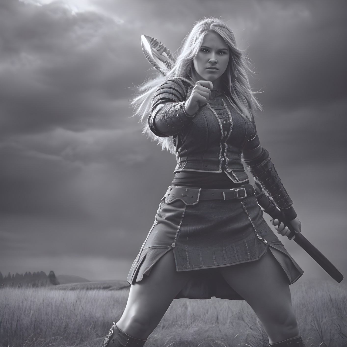 Female warrior in textured armor against dark clouds