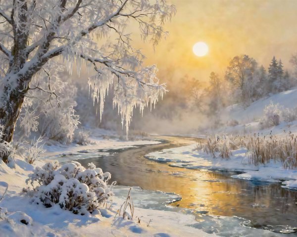 Winter Landscape with Frozen River and Snowy Trees